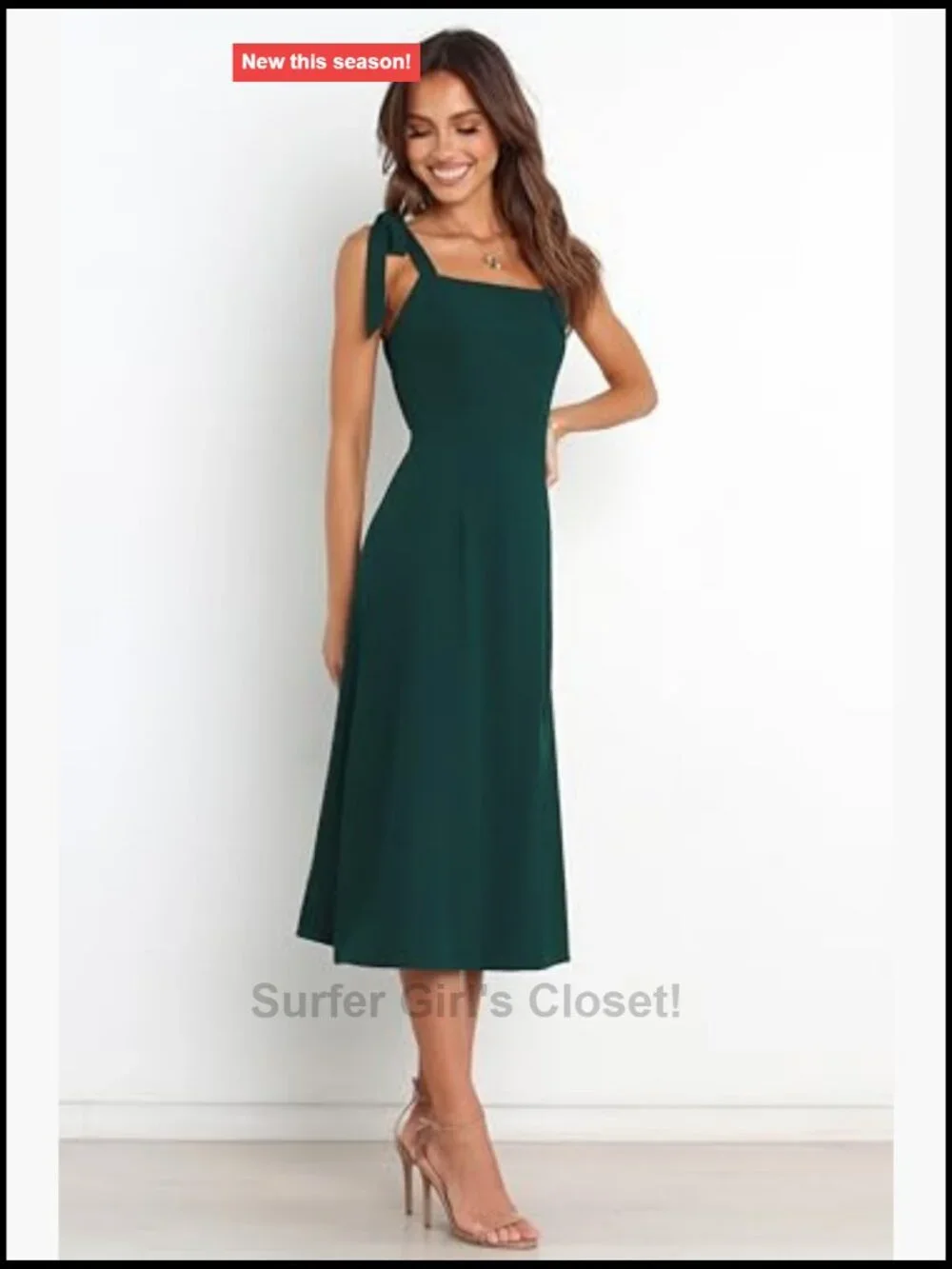 Emerald Midi A-Line Dress Square Neck Tie Back Sleeveless Zipper